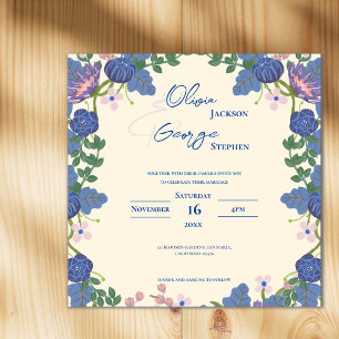 Lila romantische hübsche blaue Blumen Hochzeit im  Magneteinladung