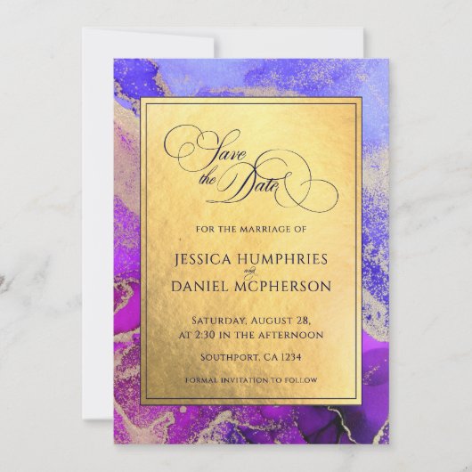 Lila, rosa Abstrakter Goldfilm Hochzeitsflat Save The Date (Vorderseite)