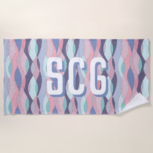 Lila-Rosa-Aqua-Wavy-Oversial-Initial-Monogramm Strandtuch (Vorderseite)
