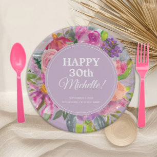 Lila Rosa Aquarell Wildblume 30. Geburtstag Pappteller