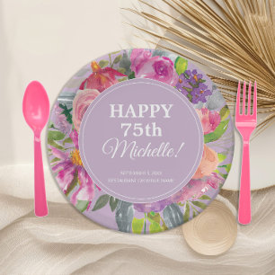 Lila Rosa Aquarell-Wildblume 75. Geburtstag Pappteller