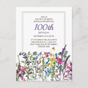 Lila Rosa Aquarell-Wildblumen 100. Geburtstag Postkarte