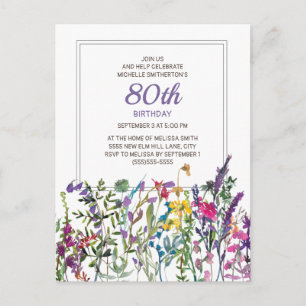 Lila Rosa Aquarell-Wildblumen 80. Geburtstag Postkarte