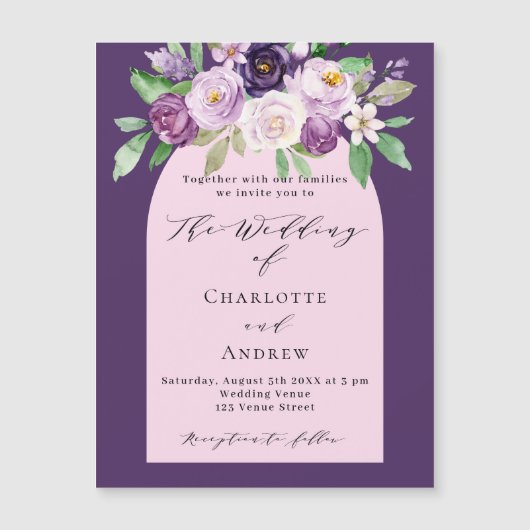 Lila rosa Aquarellblumen Luxus Hochzeit Magneteinladung (Vorderseite)