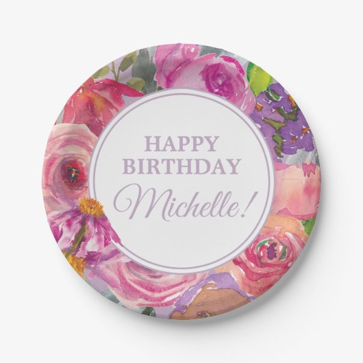 Lila Rosa Aquarellfarben Wildblumen Gerne zum Gebu Pappteller (Vorderseite)