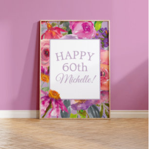 Lila Rosa Aquarellfarben Wildblumen Happy 60. Poster