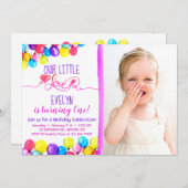 Lila rosa BALLOON Girl 1. Geburtstag Einladung (Vorne/Hinten)