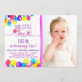 Lila rosa BALLOON Girl 1. Geburtstag Einladung