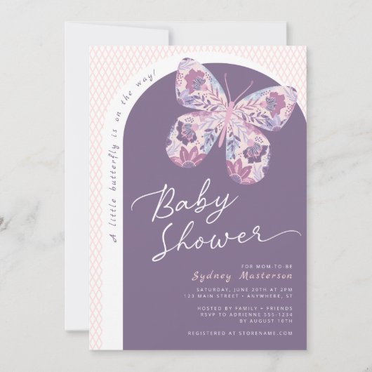 Lila Rosa Bläsernschmetterlingsdusche Einladung (Vorderseite)