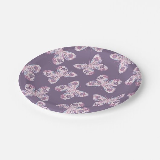 Lila Rosa Bläserschmetterling Gemustert Babydusche Pappteller (Schrägansicht)