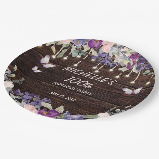 Lila Rosa Bläserschmetterling Rustikaler 100. Gebu Pappteller (Schrägansicht)