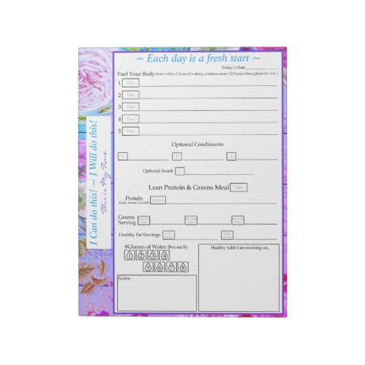 Lila, rosa, blau, floral 5 plus 1 Mahlzeit Tracker Notizblock (Rotiert)