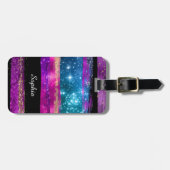Lila rosa blaue Glitzer Sterne Pinselstriche Name Gepäckanhänger (Vorderseite horizontal)