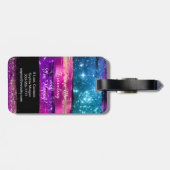 Lila rosa blaue Glitzer Sterne Pinselstriche Name Gepäckanhänger (Rückseite horizontal)