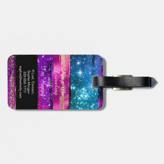 Lila rosa blaue Glitzer Sterne Pinselstriche Name Gepäckanhänger (Rückseite horizontal)