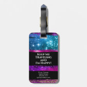 Lila rosa blaue Glitzer Sterne Pinselstriche Name Gepäckanhänger (Rückseite vertikal)
