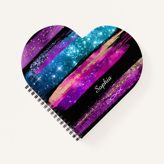 Lila rosa blaue Glitzer Sterne Pinselstriche Name Notizblock (Vorderseite)