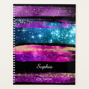 Lila rosa blaue Glitzer Sterne Pinselstriche Name Planer