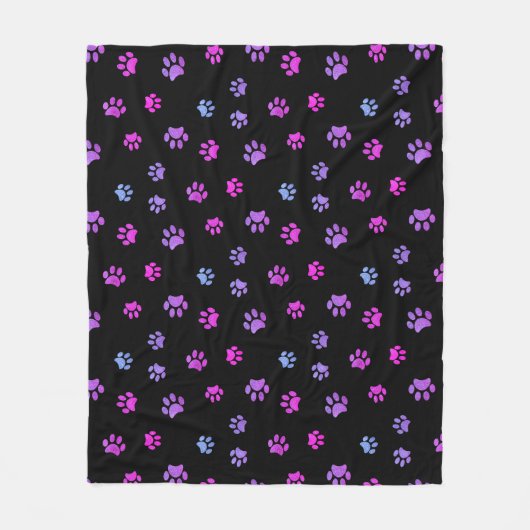 Lila rosa blaue Paw-Druckmuster auf schwarz Fleecedecke (Vorderseite)