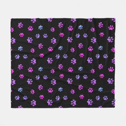 Lila rosa blaue Paw-Druckmuster auf schwarz Fleecedecke (Vorderseite (Horizontal))