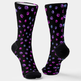 Lila rosa blaue Paw-Druckmuster Schwarz Socken