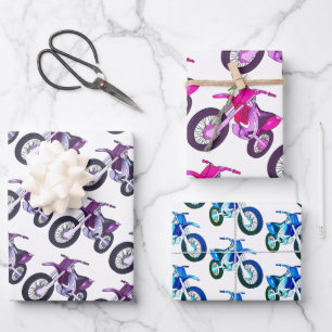 Lila, Rosa, Blaues Dirt Bike Motorrad Geschenkpapier Set