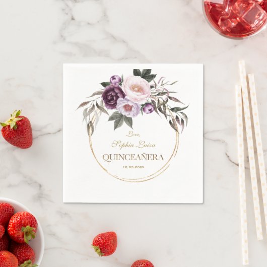 Lila rosa Blume Gold Mis Quince Quinceañera Serviette (Beispiel)