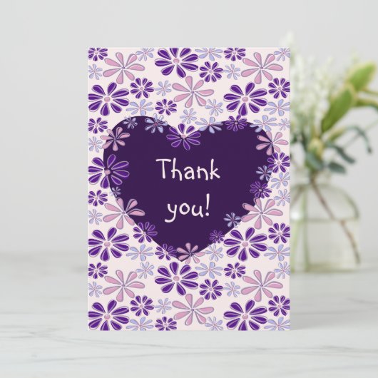 Lila rosa Blume Herz Dankeskarte (Stehend Vorderseite)