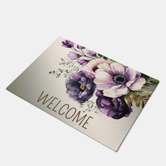 Lila Rosa Blume Herzlich willkommen Fußmatte (Schrägansicht)
