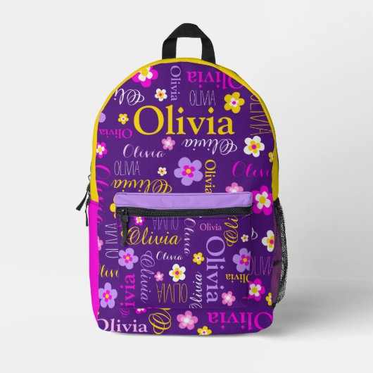 Lila rosa Blume personalisierter Name überall Bedruckter Rucksack (Vorderseite)