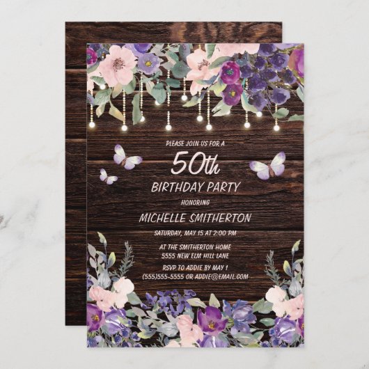 Lila rosa Blume Schmetterlinge Rustikales Holz 50. Einladung (Vorne/Hinten)