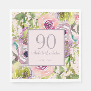 Lila Rosa Blumen Gold Glitter 90. Geburtstag Serviette