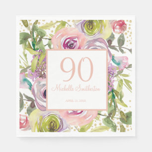 Lila Rosa Blumen Gold Glitter 90. Geburtstag Serviette