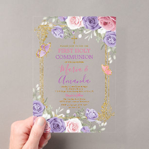 Lila Rosa Blumen Gold Kreuz Erste Heilige Kommunio Acryleinladungen