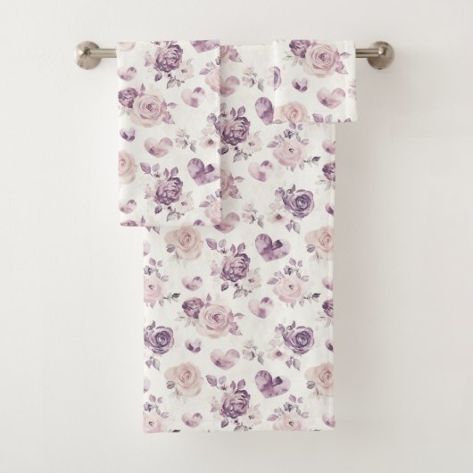Lila Rosa Blumen & Herzen Badhandtuch Set (Insitu)