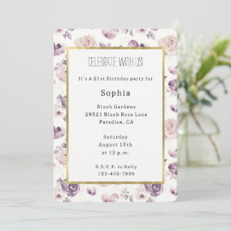 Lila Rosa Blumen & Herzen Geburtstag Einladung