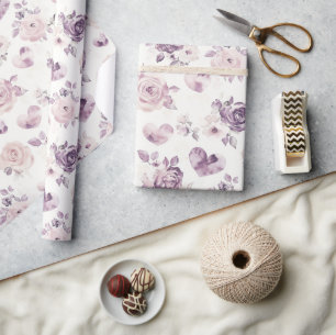 Lila Rosa Blumen & Herzen Geburtstag Geschenkpapier
