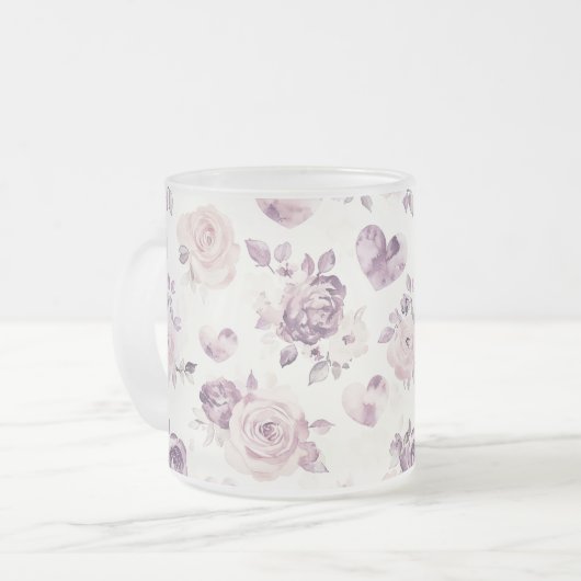 Lila Rosa Blumen & Herzen Mattglastasse (Vorderseite Links)