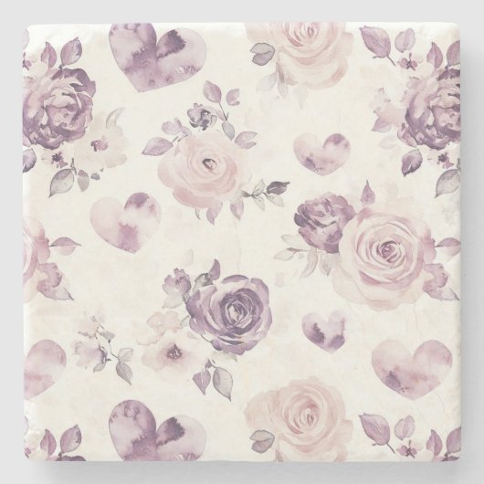 Lila Rosa Blumen & Herzen Steinuntersetzer (Vorderseite)
