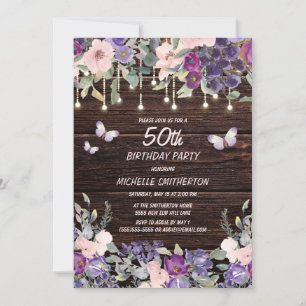 Lila Rosa Blumen Schmetterlinge Rustikal Holz 50.  Einladung
