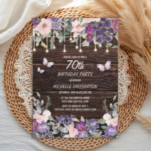 Lila Rosa Blumen Schmetterlinge Rustikal Holz 70. Einladung
