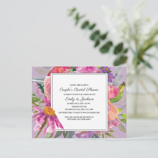 Lila rosa Blumenkuchen-Brautparty Postkarte (Stehend Vorderseite)