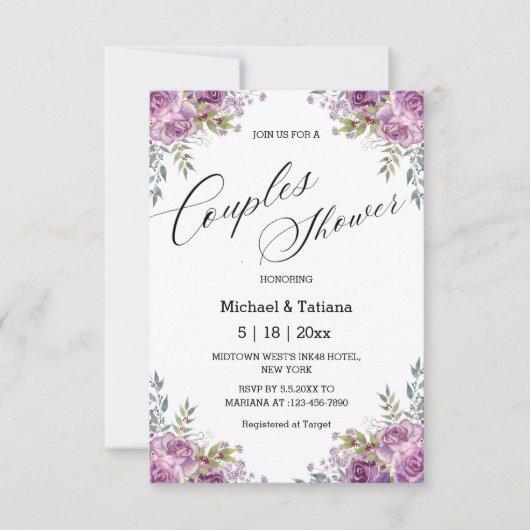 lila, rosa Blumenpaare duschen Hochzeit Einladung (Vorderseite)