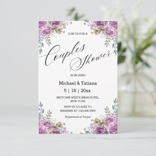 lila, rosa Blumenpaare duschen Hochzeit Einladung (Stehend Vorderseite)