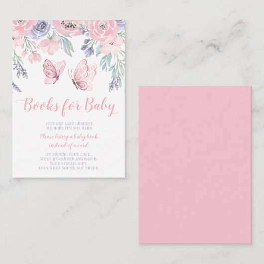 Lila rosa Blumenschmetterling Babybuchanfrage Begleitkarte (Vorne/Hinten)