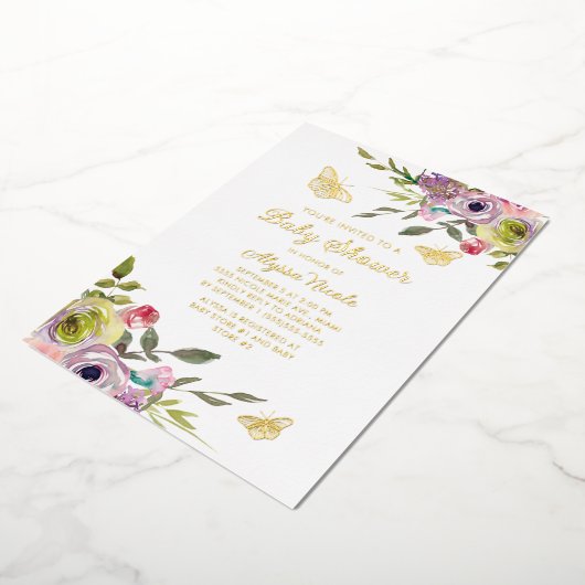 Lila Rosa Blumenschmetterlinge Gold Foil Baby Folieneinladung (Gedreht)