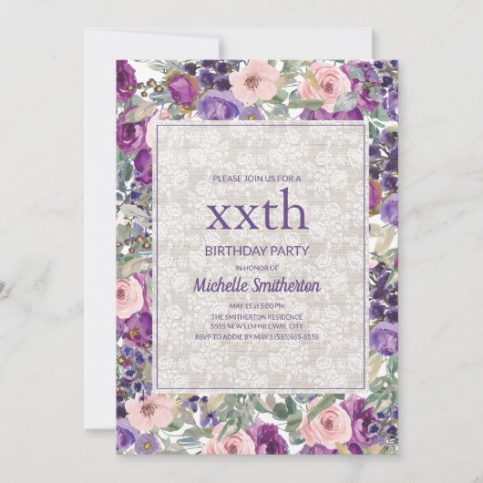 Lila rosa Blumenspitze jeden Geburtstag Einladung (Vorderseite)