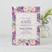 Lila rosa Blumenspitze jeden Geburtstag Einladung (Stehend Vorderseite)