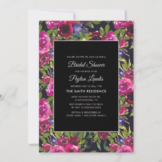 Lila, rosa Blüte in schwarzem Brautparty Einladung (Vorderseite)