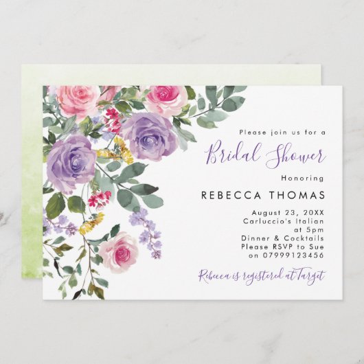 Lila Rosa Blütenflorale Brautdusche Einladung (Vorne/Hinten)